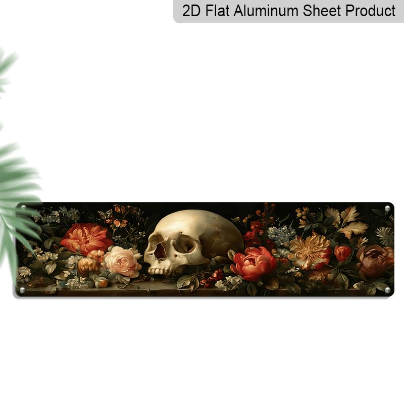 

2D Flat, 1pc, Classic Skull Encircled By Flowers Aluminium Decorative Sign for Death S Embrace Wall Decoration in Home, Bedroom, Dining Area, Study 40cm x 10cm