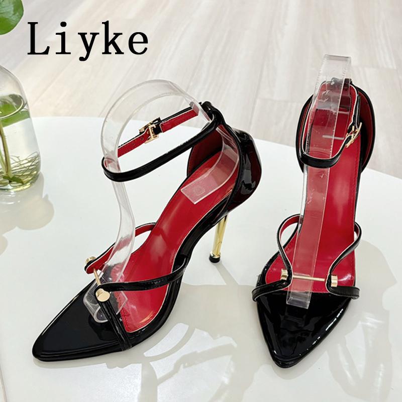 Fashion Liyke Fashion Design Metal Decoration Narrow Band Women Sandal High Heels Sexy Pointed Open Toe Wedding Banquet Shoes Size 35-41