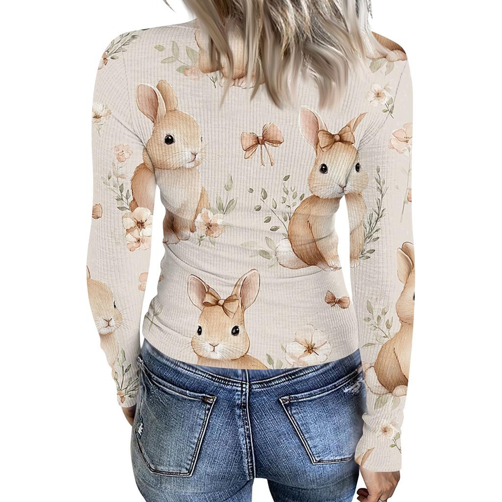 Women's Casual Fashion Round Neck Easter Print Long Sleeve Strip Top