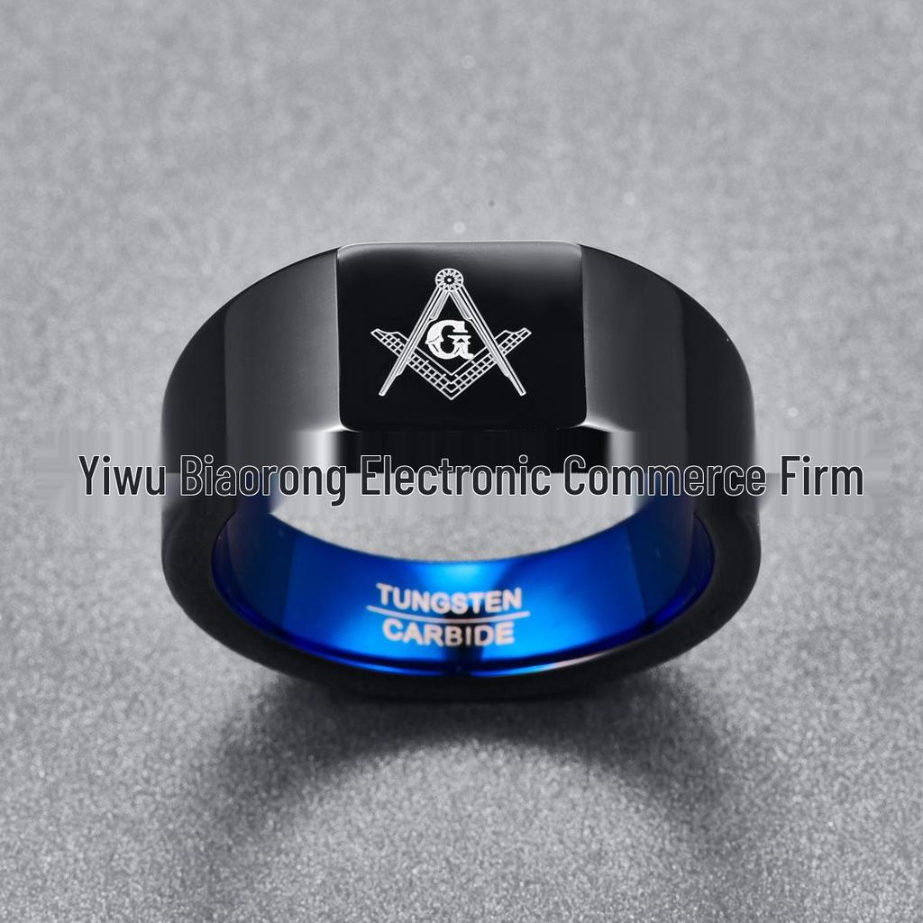 Freemason Symbol Black-Blue Laser Tungsten Steel Men's Ring