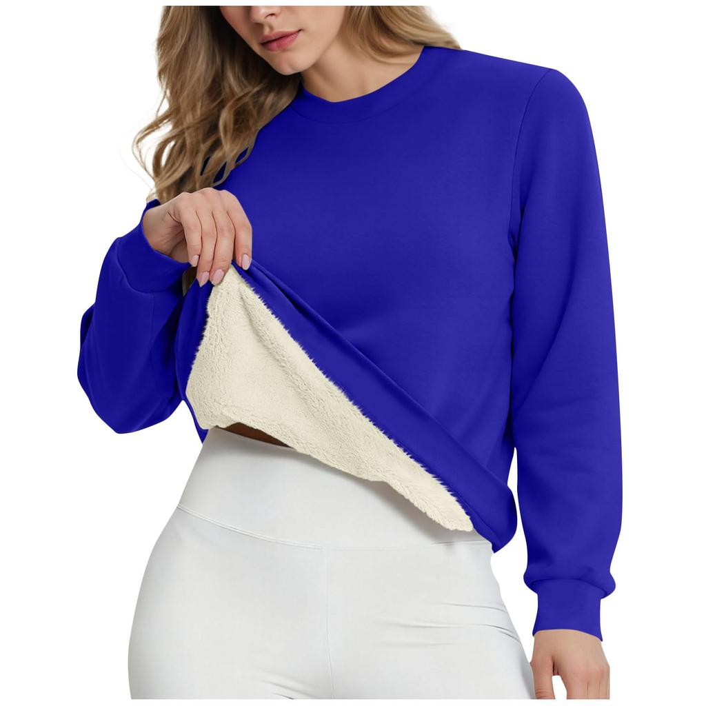 Women's Casual Fashion RoundNeck Pullover Top Winter Solid Color Plush Sweatshirt