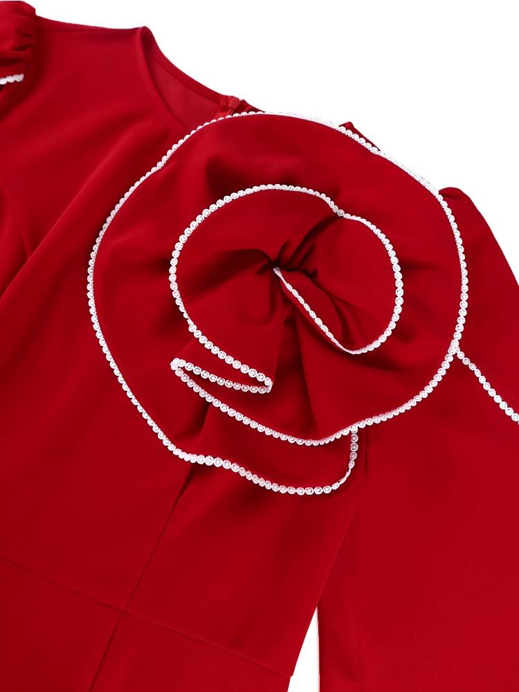 Red Three-dimensional Flower Contrast Color Decoration Ruffle Waist Fishtail Dress Elegant Slim Fit Women Dinner Party Dress