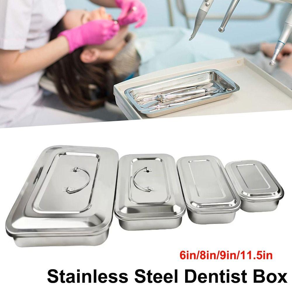 New Stainless Steel Dental Instruments Tray With Lid Silver Storage Box Rectangular Disinfection Box