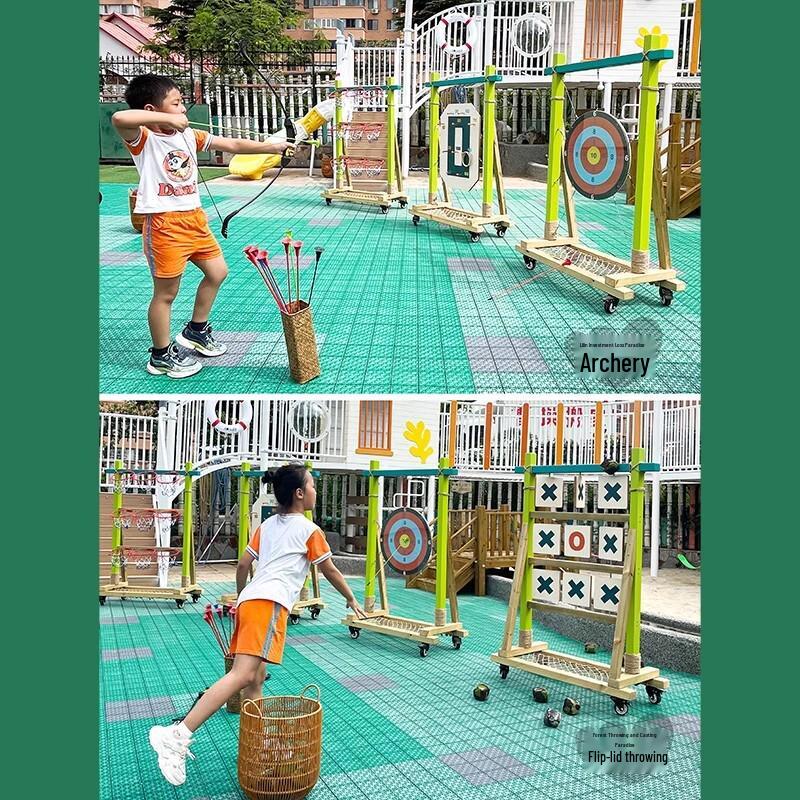 Kids Outdoor Toy Set: Wooden Basketball Hoop, Ring Toss, Sandbags, Bow & Arrow for Sensory Play