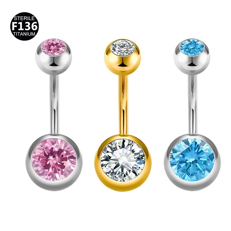 G23 Titanium 14G Barbell Zircon Navel Ring - Double-Ended Belly Piercing Jewelry (6/8/10mm)