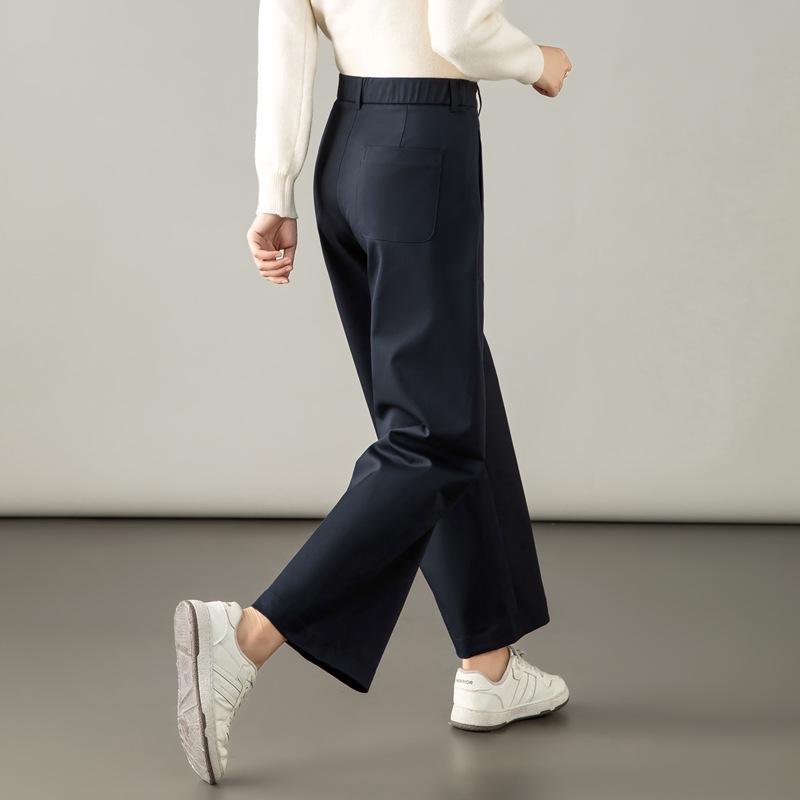 Autumn 2025 Women's Navy Blue Lyocell Cotton Wide-Leg Pants - High-Waisted, Slimming, Casual Straight-Leg Design