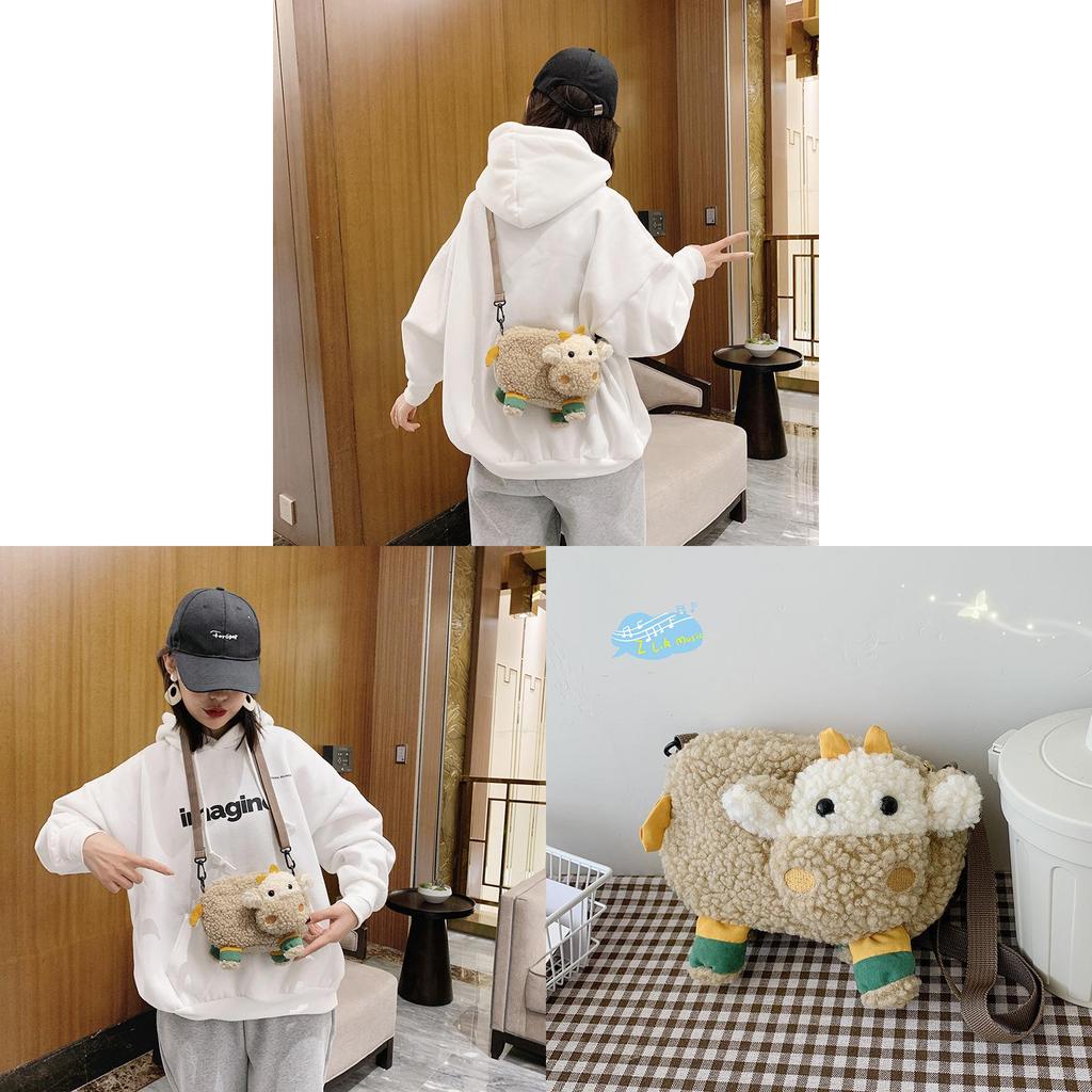 Cartoon Cute Cow Plush Shoulder Bag With Zipper Closure For Daily Use