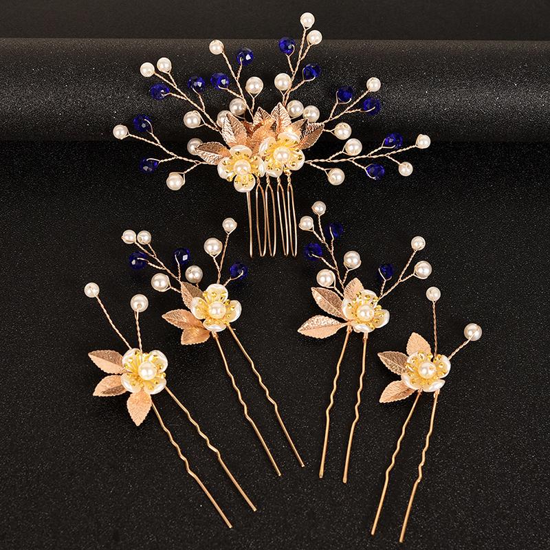 5PC Pearl Floral Ornament Leaf Vintage Gold Retro 5-Pack Exquisite Hair Clips Fairy Hair Forks Elegant