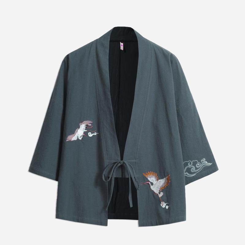 Unisex Japanese-Chinese Haori Kimono Cardigan with Crane Embroidery