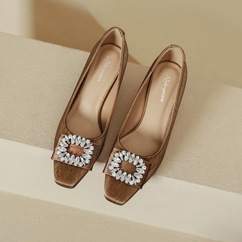 Black High Heels Temperament Is Not Tired Feet 2025 New Spring and Autumn Square Head French Rhinestone Square Buckle Thick Heel Shallow Mouth Sin