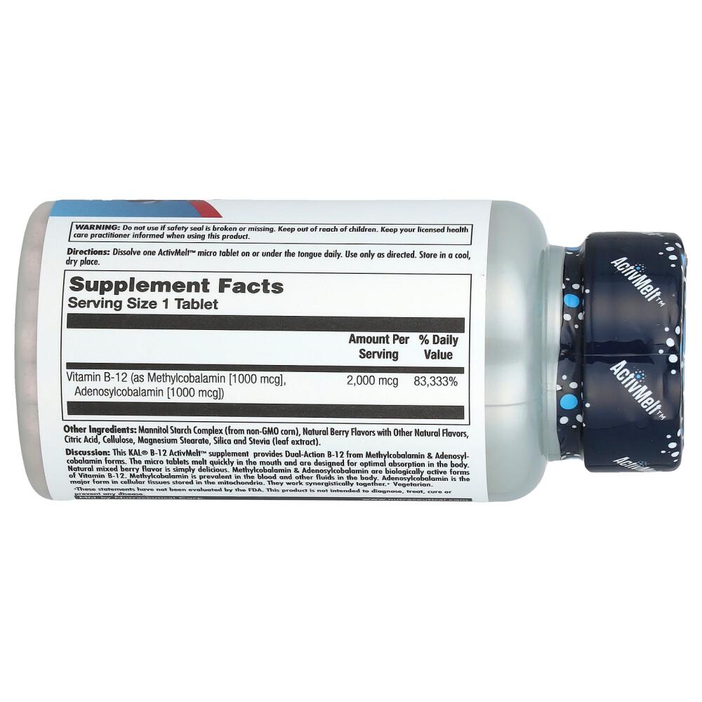 KAL B-12 Methylcobalamin & Adenosylcobalamin Mixed Berry 2000mcg Micro Tablets, 60 Count