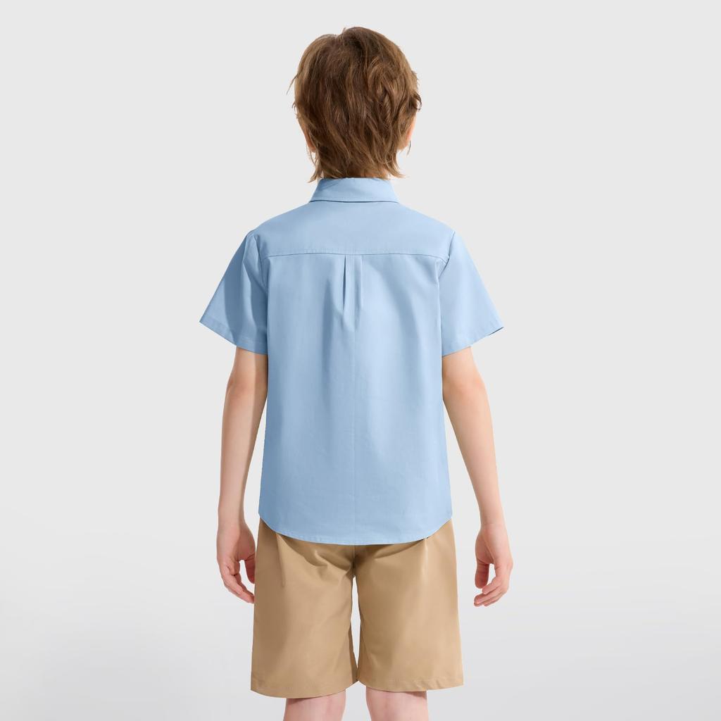 LOLANTA Boys' Formal Dress Shirt, Short Sleeve, Solid Color, Perfect for Weddings, Funerals, Recitals, Blue, Size 100