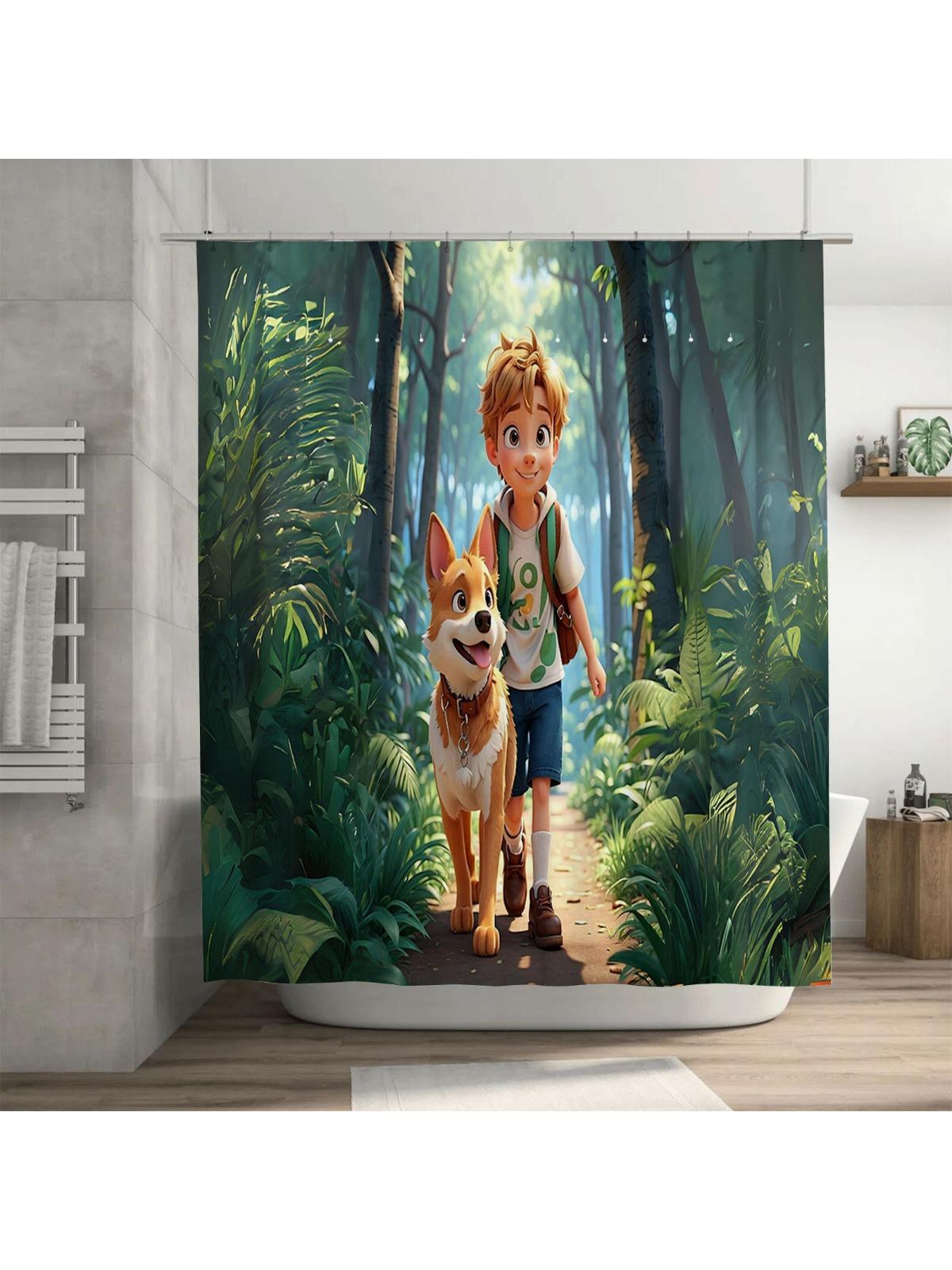

Boy And Dog In Forest Shower Curtain | Adventure-Themed Bathroom Decor W60H190(CM)-1 Pcs