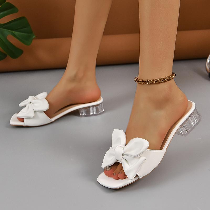 Sweet White Big Bowknot Decoration Medium Heel Slippers Women Square Toe Clear Heels Slides Outdoor Slippers 2025 Summer