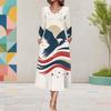 Women Plus Size V Neck Long Sleeve Eagle Star Stripe Printed White A Line Midi Dress With Pockets