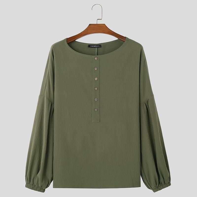 

INCERUN Мужские рубашки свободного покроя с круглым вырезом и длинным рукавом, повседневные свободные однотонные топы M зелёный