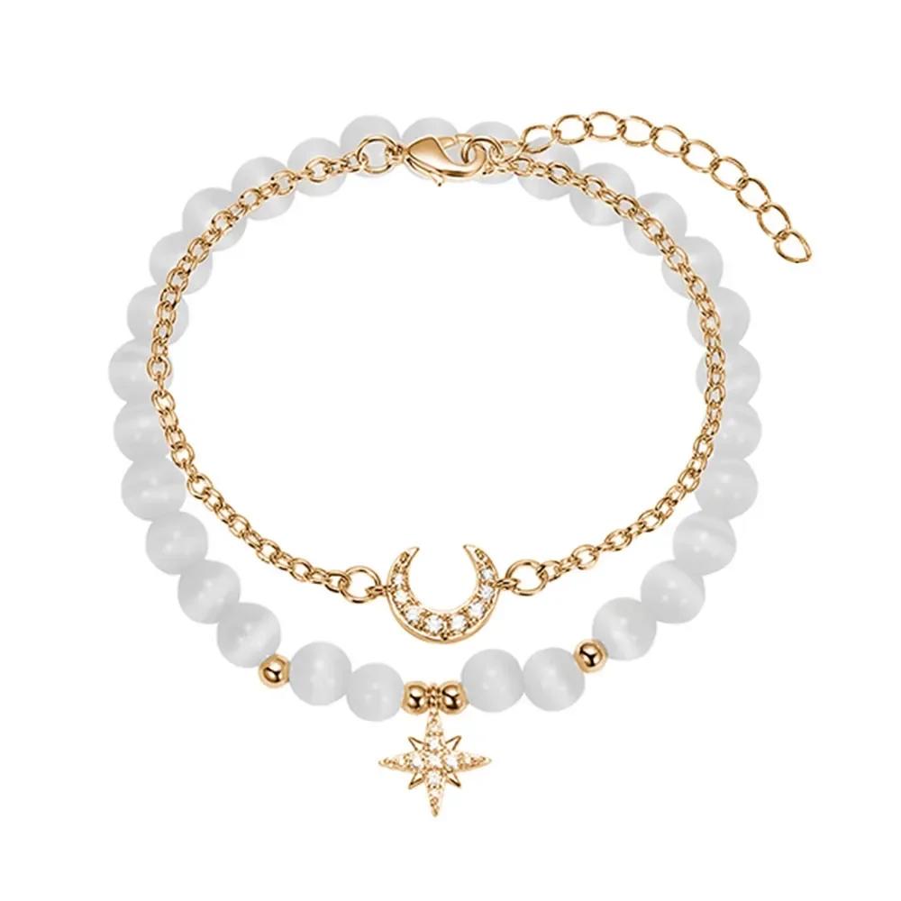 Kirykle Natural Crystal Bracelet for Women White Opal Stone Pearl Fashion Lucky Four-leaf Clover Women's Jewelry Bangles Gift