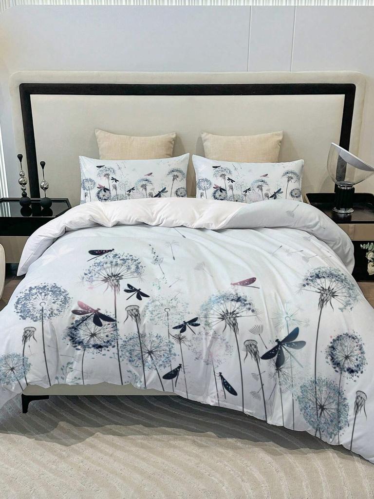 Blue Dandelion and Dragonfly Pattern 3D Printed Down Duvet Cover, Soft and Comfortable Bedding Cover