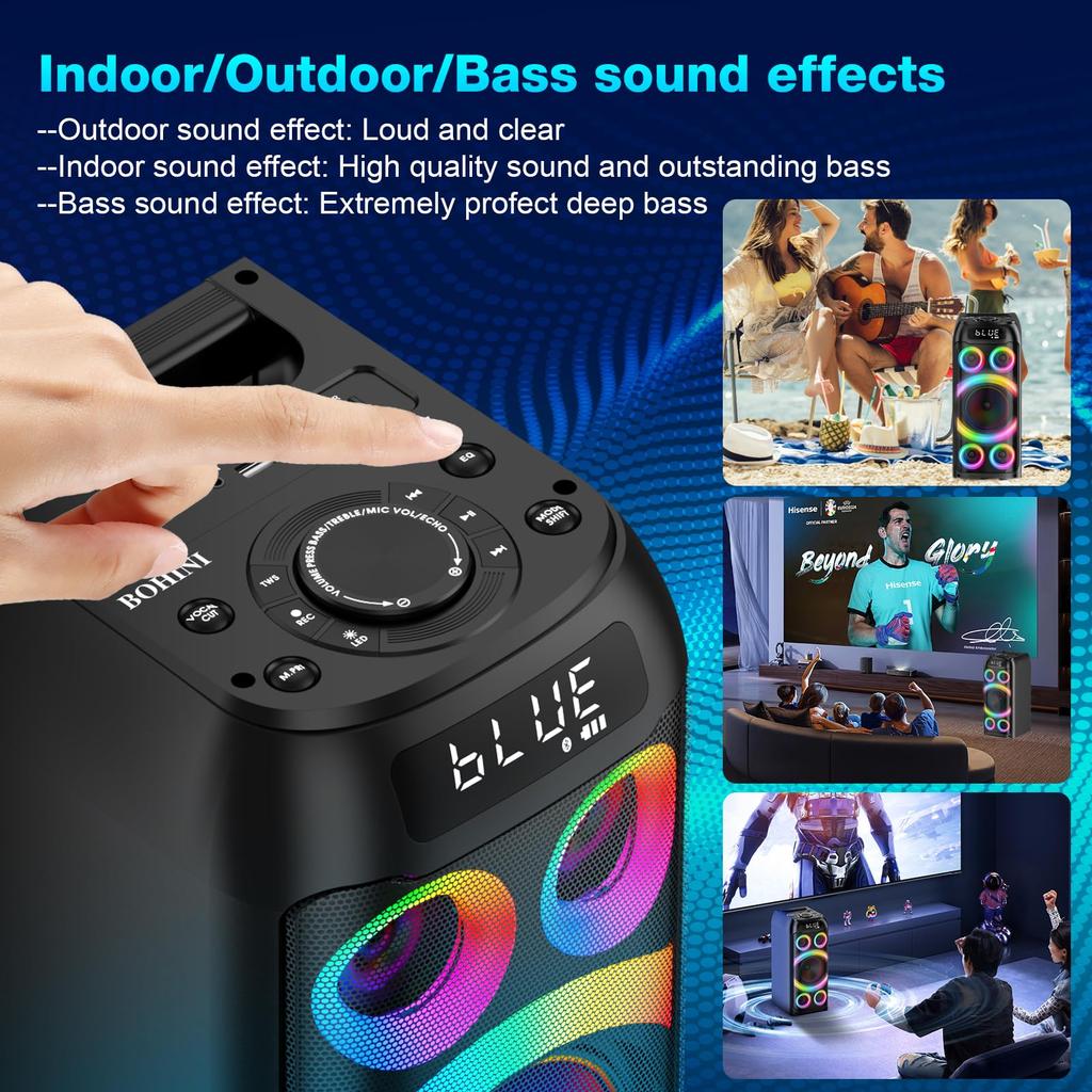 Bluetooth Speaker, 160W Peak Powerful Loud Stereo Sound Deep Bass Wireless Boombox with Subwoofer TWS Pairing Dynamic LED Light