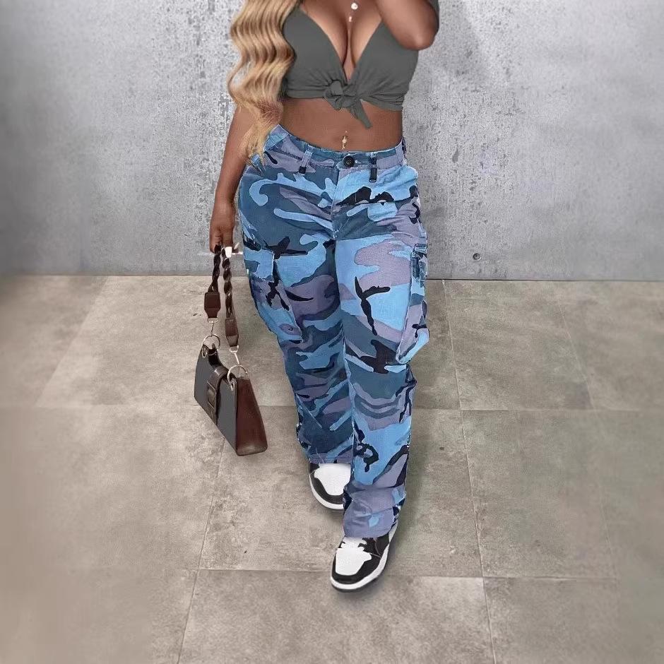 European American Street Style Camouflage Multi-pocket Workwear Pants for Women XXL небесно-голубой камуфляжный