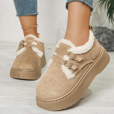 Thick Sole Plush Winter Cotton Shoes Women Fashion Buckle Non Slip Platform Snow Boots Woman Warm Fleece Lining Ankle Boots 42