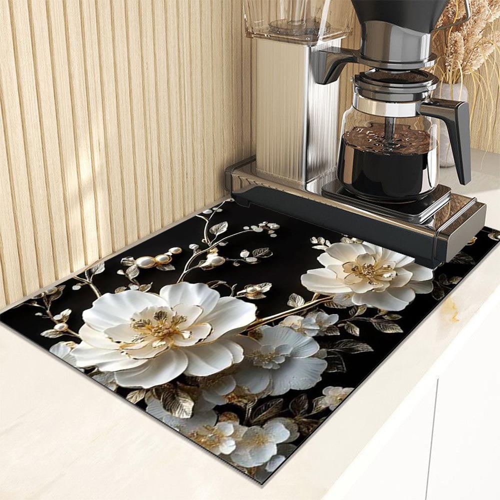 Сушильный коврик для посуды Супервпитывающий коврик для посуды Сушильный кухонный коврик с цветочным принтом Скрывающий пятна Дренажный коврик для кухни Декор кофейного бара 30x40cm