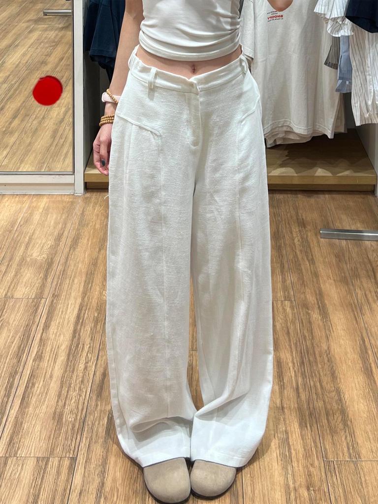 Korean Old Money Style Women's Wide-Leg Cotton Linen Pants, High-Waisted Straight Casual for Spring/Summer 2026.