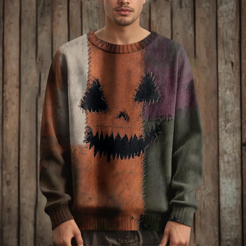 Men's Long Sleeve Pullover Sweater Casual Halloween Print Knit Oversized Sweater
