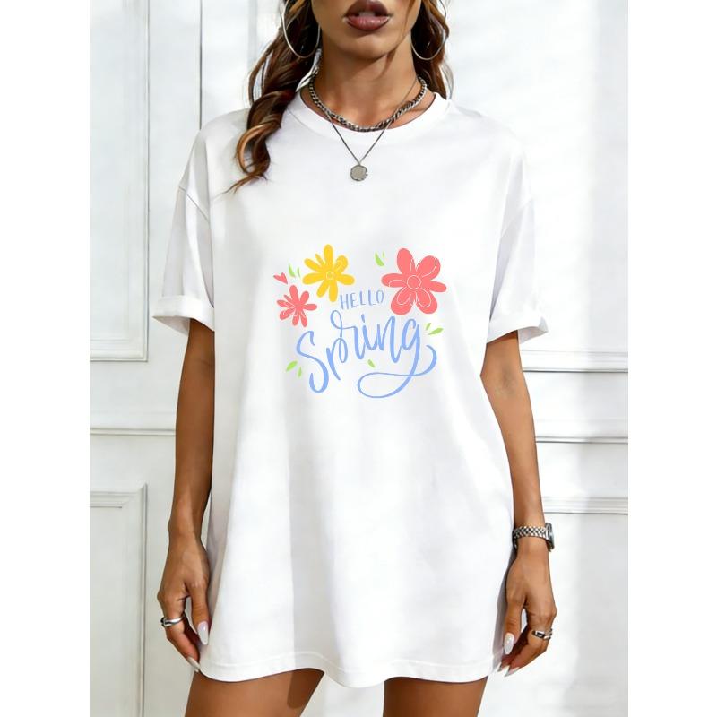 

Oversized T Shirt Black Hello Spring Floral Print For Casual Wear XXXXL білий