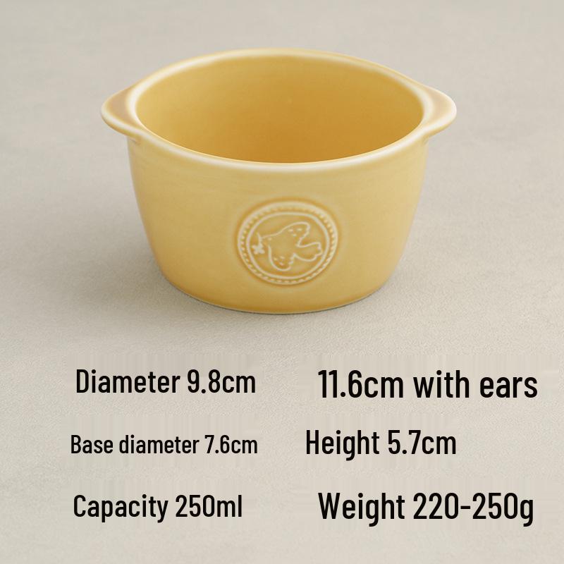 Kiln-fired Yellow/Ash Blue Ceramic Flying Bird Soufflé Bowl: 3.9  Double-handled Steamed Egg, Sauce, or Small Soup Bowl.