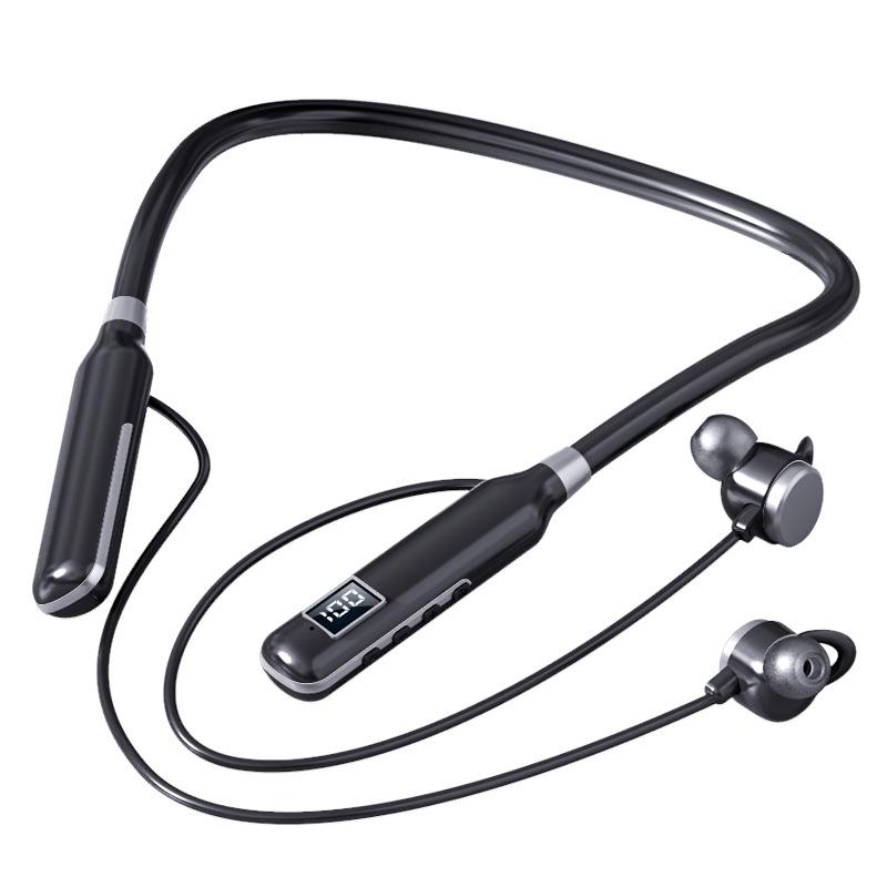 BT-7 Wireless Bluetooth Sports Neckband Earphones with Card Slot, Digital Display & Noise Cancelling - Black
