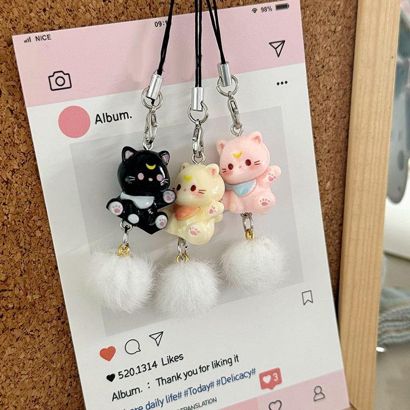 Cartoon Kitten Plush Ball Keychain Anti Lost Phone Charm Pendant Cellphone Chain Phone Lanyard Strap Women Girls