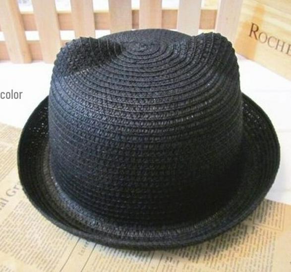Kids' Korean Style Summer Straw Sun Hat with Cat Ears - Breathable Parent-Child Vacation Design