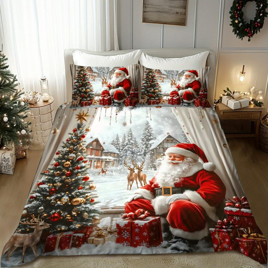 Weihnachten Weihnachtsmann Schlitten Rentier Weihnachtsbaum Weihnachtsmann Schnee Hütte Muster Weich Gebürstet Druck Bettbezug Bettwäsche