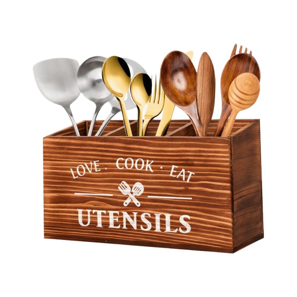 

Wooden Spoon Fork Storage Box Space Saving Decorative Utensil Storage Box Large Capacity with 3 Compartments Silverware Holder коричневый
