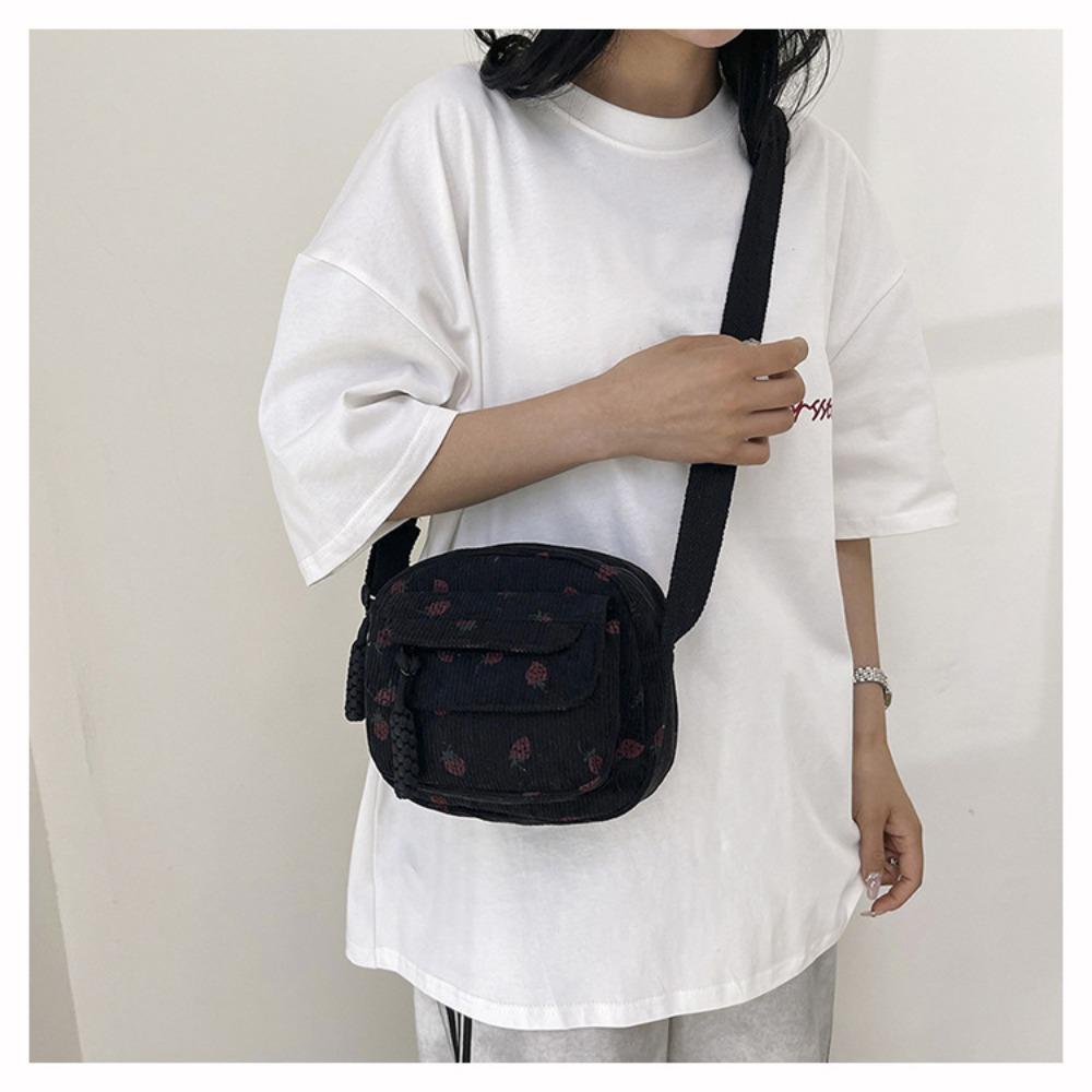 Fashion Printing Strawberry Crossbody Bag Zipper Corduroy Shoulder Bag Sweet Women Girl Large Capacity Handbag