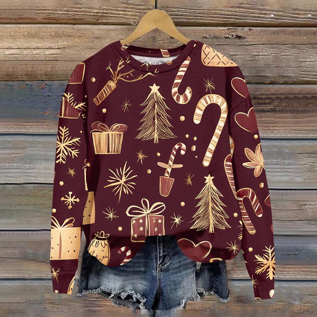 Women's Christmas Printed Casual Fashion Long Sleeve Round Neck Pullover Top