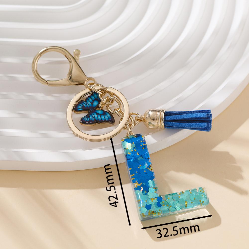 1pc Alloy Alphabet Initial Keychain Royal Blue Butterfly & Tassel Letter Keychain for Backpack Charm Accessory Key Ring Findings