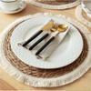 Tassel Edge Table Mat Handmade Braided Straw Woven Placemats Kitchen Accessories   Kitchen