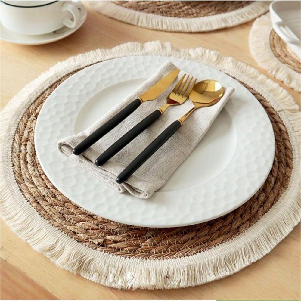 Tassel Edge Table Mat Handmade Braided Straw Woven Placemats Kitchen Accessories Kitchen