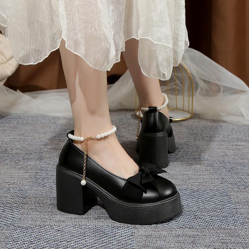 2024 Fashion Shoes for Women One Kick Women's Pumps Autumn Mary Jane Round Toe Bow Tie Solid Platform Chunky Heels Shallow Shoes