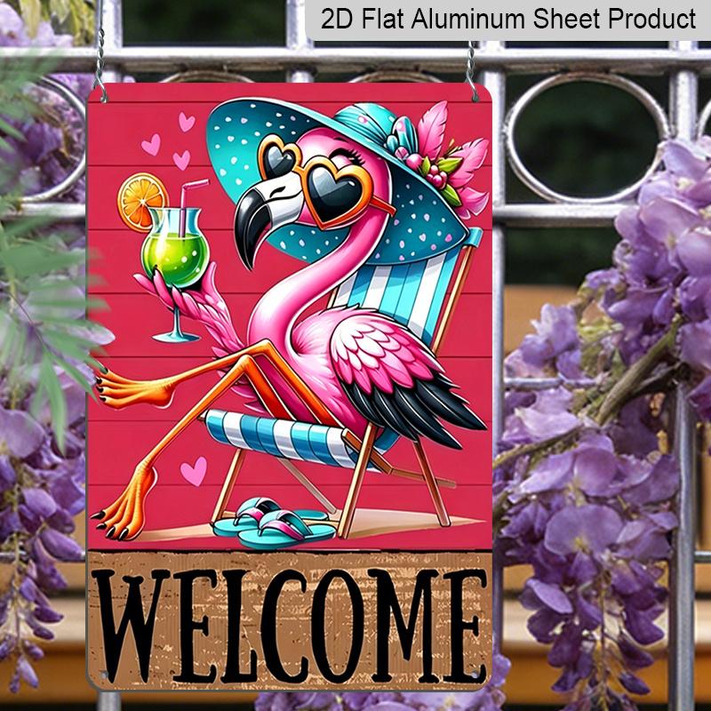2D Country Modern English Aluminium Plaque Metal Sign, 8X12 Inch, "Welcome" Tropical Flamingo Beach Theme, Wall Decor, Summer Art for Home, Porch