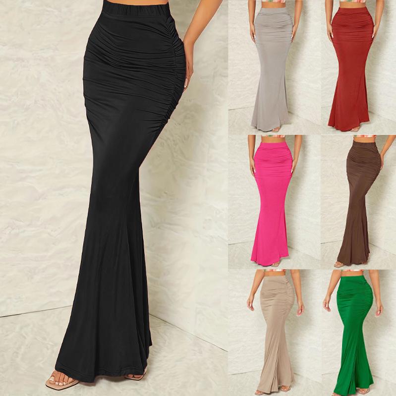 European and American High-Waisted Elastic Pleated Fishtail Midi Skirt for Autumn and Winter