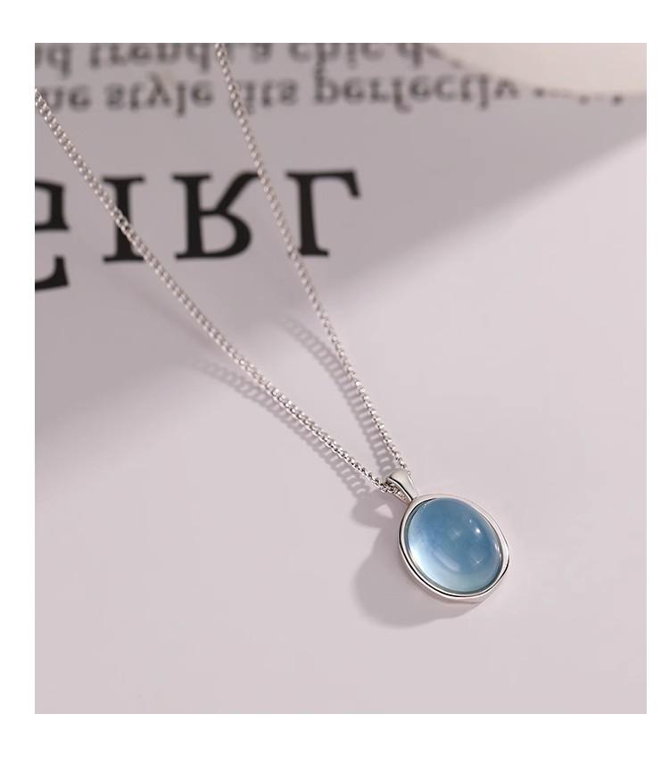 High-End S925 Sterling Silver Natural Aquamarine Oval Pendant Necklace for Women