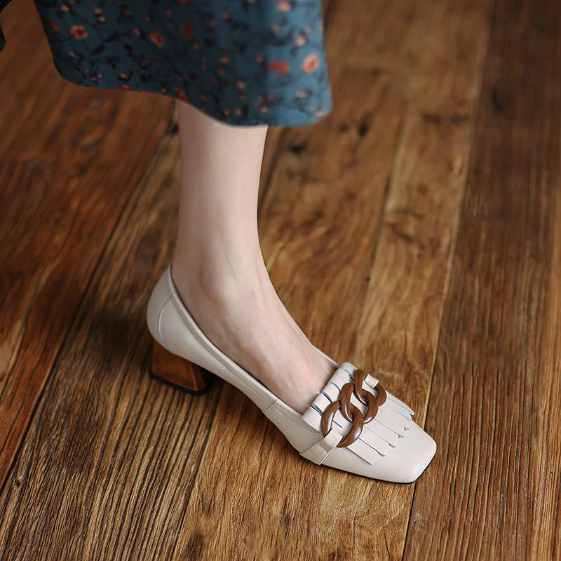 Fashion 2025 New Spring GENUINE LEATHER Women Shoes LEISURE Women Pumps Square Toe Heels Shoes Women Women Shoes Zapatos De Mujer Tassel
