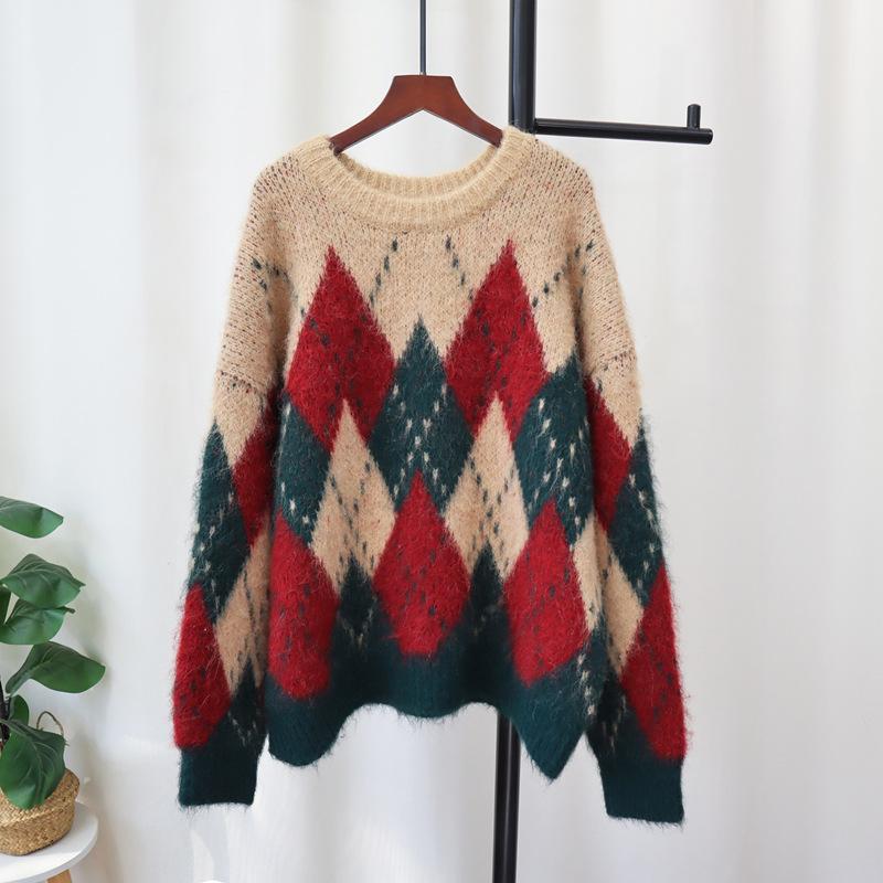 Autumn and winter new loose lazy style knitted sweater top retro contrasting color diamond sweater pullover woman