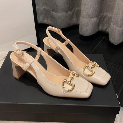 High-heeled Sandals Summer New Horsebit Thick-heeled Sandals French Baotou Empty Mary Jane Shoes