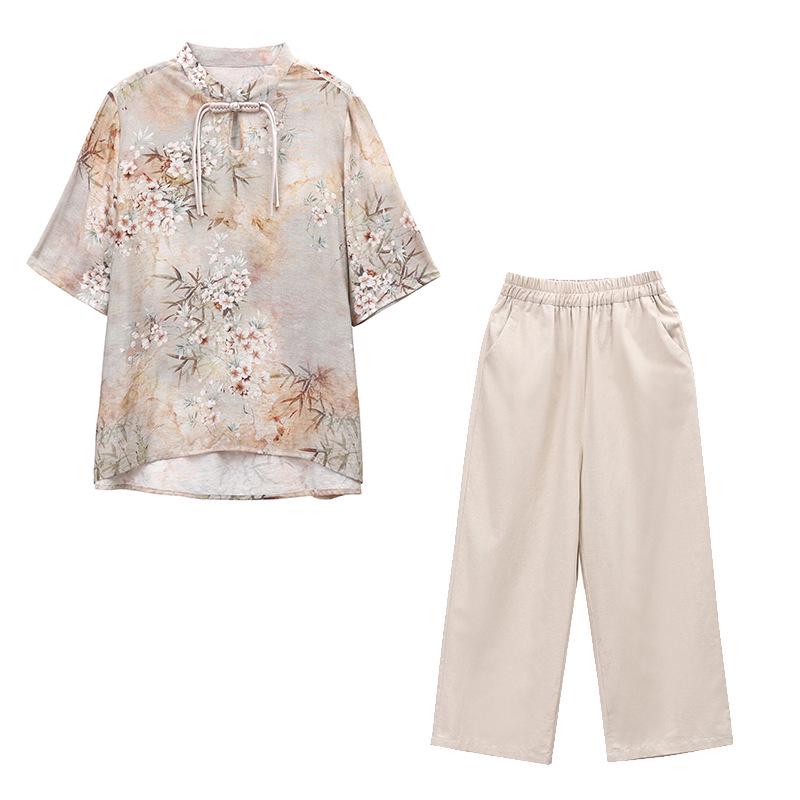 2024 Letní Dámský Národní Styl Bavlněno-Lněný Dvoudílný Set pro Křivky