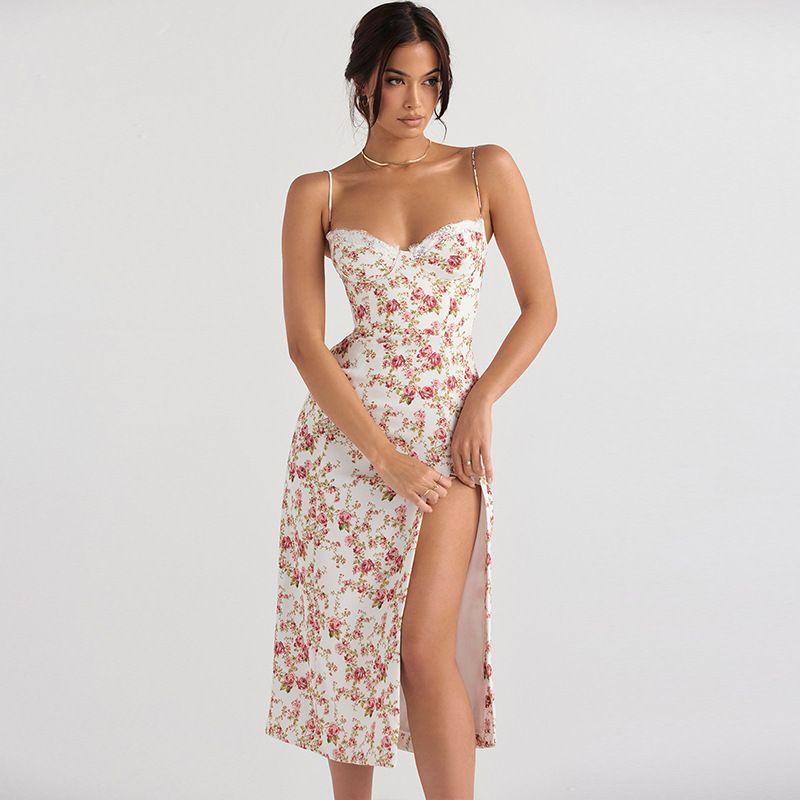 Dress Floral Slit Slim-Fitting Strap Dress