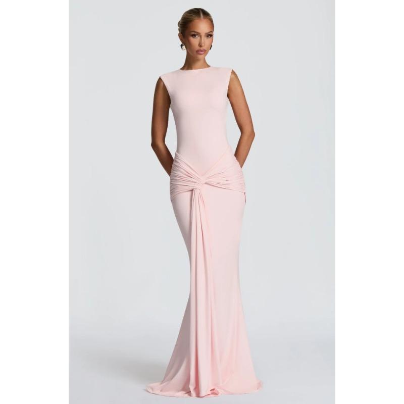 Autumn New Fashion Solid Color Round Neck Sleeveless Streamer Dress Sexy Backless Slim Pleated Dress Skirt S